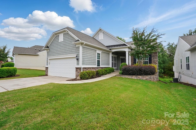 1030 Pinehurst Ln, Fort Mill, SC 29707 - view of front of house featuring stone siding, driveway, a front lawn, a shingled roof, and a garage