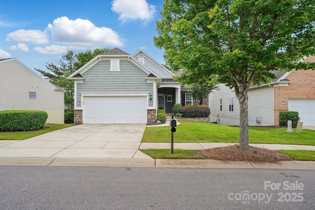 1030 Pinehurst Ln, Fort Mill, SC 29707 - craftsman-style house featuring a front lawn, concrete driveway, stone siding, and an attached garage