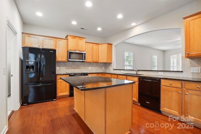 1030 Pinehurst Ln, Fort Mill, SC 29707 - kitchen featuring black appliances, a sink, dark wood-style flooring, tasteful backsplash, and recessed lighting