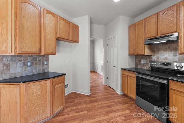 1534 Piney Church Rd, Concord, NC 28025 - kitchen featuring stainless steel electric range, under cabinet range hood, dark countertops, light wood-type flooring, and backsplash