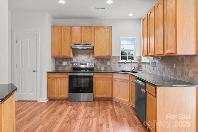 1534 Piney Church Rd, Concord, NC 28025 - kitchen with stainless steel appliances, ventilation hood, a sink, light wood finished floors, and recessed lighting