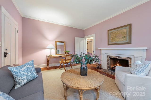 living area featuring wood finished floors, ornamental molding, baseboards, and a fireplace