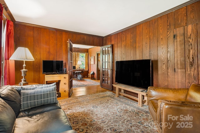 1186 US-70 Hwy, Black Mountain, NC 28711 - living room with wood walls, wood finished floors, and crown molding
