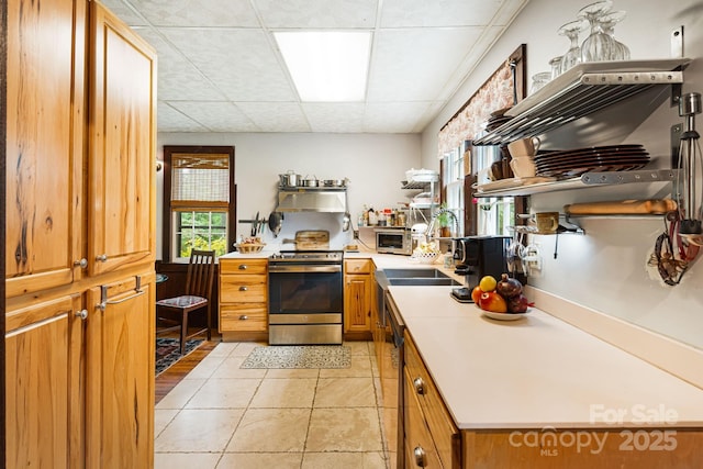 1186 US-70 Hwy, Black Mountain, NC 28711 - kitchen with electric range, a paneled ceiling, a sink, brown cabinets, and light countertops