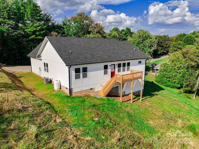 220 Pine Ridge Rd, Mars Hill, NC 28754 - back of house with a wooden deck, stairway, a lawn, and roof with shingles