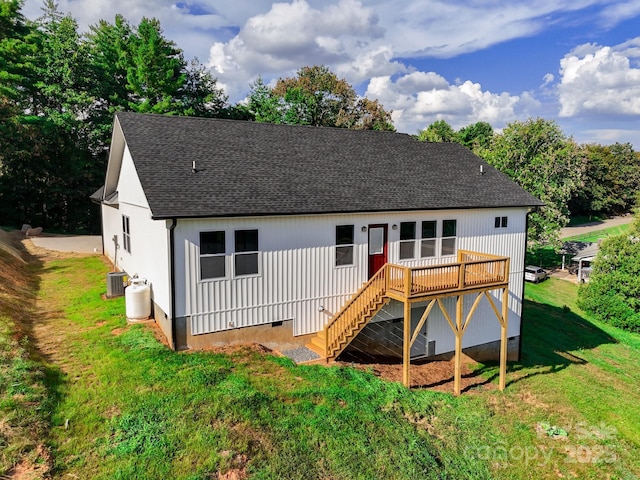 220 Pine Ridge Rd, Mars Hill, NC 28754 - back of house with a deck, stairway, roof with shingles, a yard, and crawl space