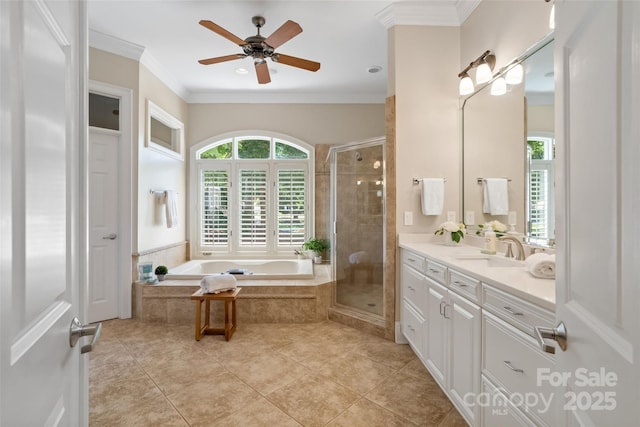 14515 Nolen Ln, Charlotte, NC 28277 - full bathroom with vanity, healthy amount of natural light, a garden tub, a stall shower, and ornamental molding