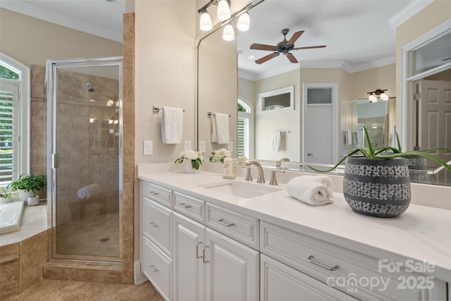 14515 Nolen Ln, Charlotte, NC 28277 - bathroom featuring ceiling fan, vanity, a stall shower, ornamental molding, and tile patterned flooring
