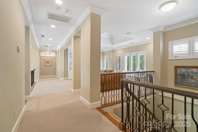 14515 Nolen Ln, Charlotte, NC 28277 - corridor featuring crown molding, an upstairs landing, light carpet, recessed lighting, and baseboards