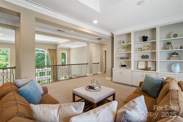 14515 Nolen Ln, Charlotte, NC 28277 - living area featuring crown molding, healthy amount of natural light, light colored carpet, baseboards, and recessed lighting