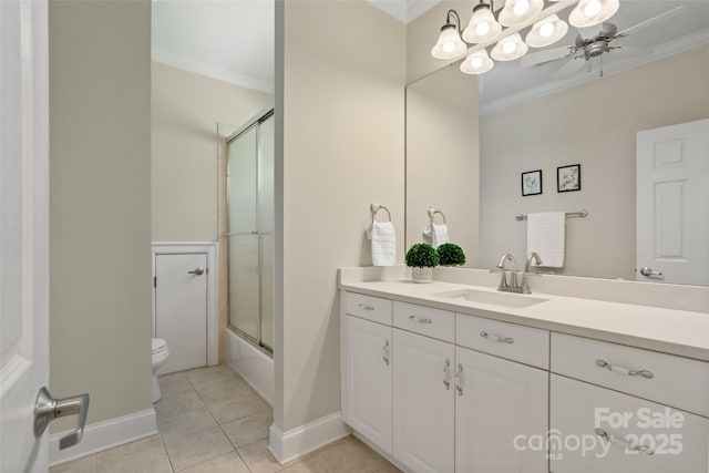 14515 Nolen Ln, Charlotte, NC 28277 - full bath featuring ornamental molding, toilet, vanity, a ceiling fan, and tile patterned flooring