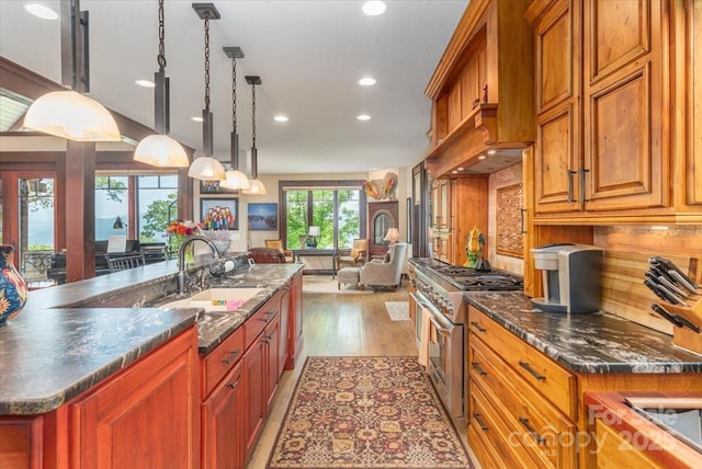 2461 Eagles Nest Rd, Waynesville, NC 28786 - kitchen featuring high end stainless steel range oven, a sink, recessed lighting, light wood-style floors, and brown cabinets