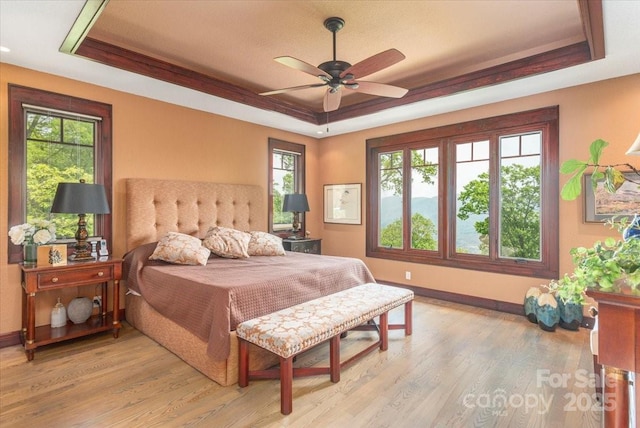 2461 Eagles Nest Rd, Waynesville, NC 28786 - bedroom featuring a raised ceiling, light wood-style floors, baseboards, and a ceiling fan