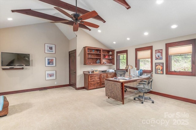 2461 Eagles Nest Rd, Waynesville, NC 28786 - office space featuring light carpet, baseboards, recessed lighting, beam ceiling, and ceiling fan