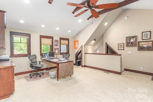 2461 Eagles Nest Rd, Waynesville, NC 28786 - office space with lofted ceiling, recessed lighting, light colored carpet, a ceiling fan, and baseboards