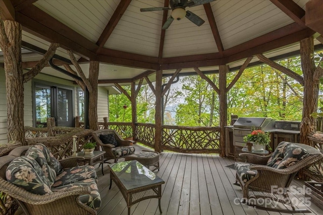 2461 Eagles Nest Rd, Waynesville, NC 28786 - wooden terrace with a ceiling fan, grilling area, a gazebo, and an outdoor living space