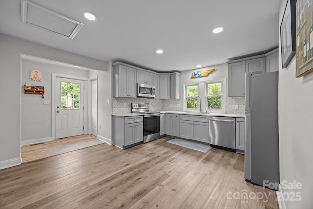 5371 Davidson Rd, Davidson, NC 28036 - kitchen featuring appliances with stainless steel finishes, gray cabinets, tasteful backsplash, and recessed lighting