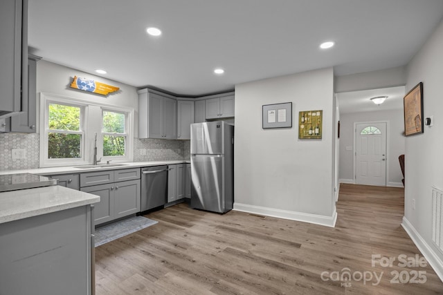 5371 Davidson Rd, Davidson, NC 28036 - kitchen featuring stainless steel appliances, gray cabinets, a sink, backsplash, and recessed lighting