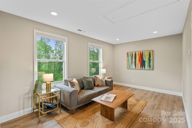 43 Clarks Chapel Ext, Weaverville, NC 28787 - living room with attic access, baseboards, light wood-style flooring, and recessed lighting