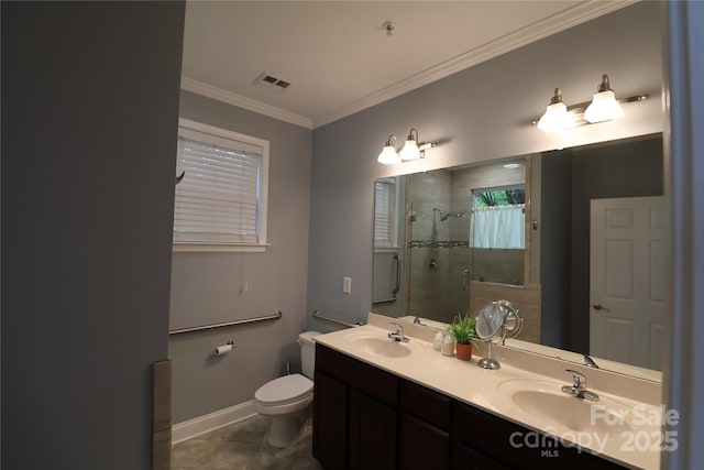1000 E Woodlawn Rd Unit 107, Charlotte, NC 28209 - bathroom featuring a stall shower, double vanity, toilet, tile patterned flooring, and ornamental molding
