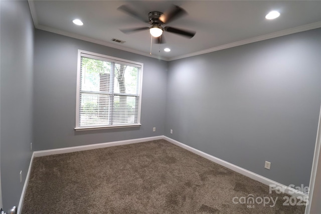 1000 E Woodlawn Rd Unit 107, Charlotte, NC 28209 - empty room featuring ceiling fan, dark carpet, baseboards, recessed lighting, and crown molding