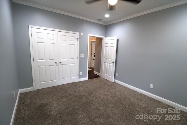 1000 E Woodlawn Rd Unit 107, Charlotte, NC 28209 - unfurnished bedroom featuring crown molding, carpet, baseboards, a closet, and a ceiling fan