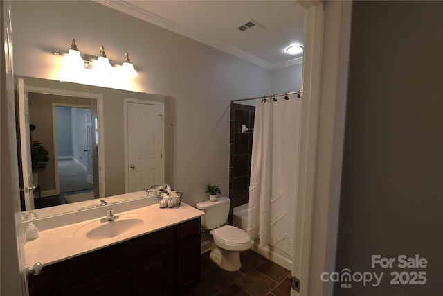 1000 E Woodlawn Rd Unit 107, Charlotte, NC 28209 - full bath with vanity, ornamental molding, toilet, shower / bath combination with curtain, and tile patterned floors