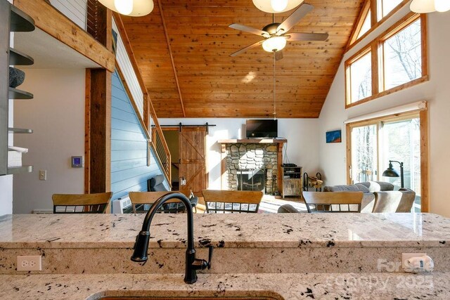 491 Mckenzie Way S, Old Fort, NC 28762 - kitchen featuring wood ceiling, a sink, ceiling fan, a fireplace, and high vaulted ceiling