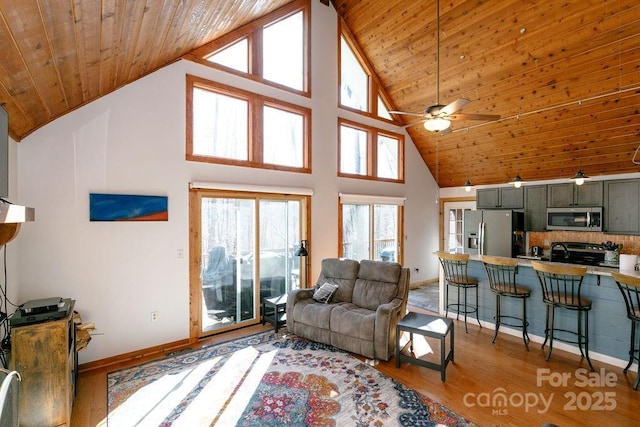 491 Mckenzie Way S, Old Fort, NC 28762 - living area with high vaulted ceiling, wooden ceiling, light wood-type flooring, ceiling fan, and baseboards