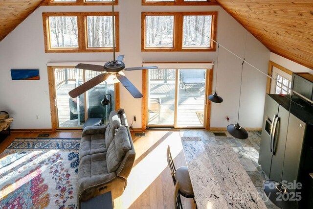 491 Mckenzie Way S, Old Fort, NC 28762 - living room with ceiling fan, wood ceiling, plenty of natural light, high vaulted ceiling, and baseboards