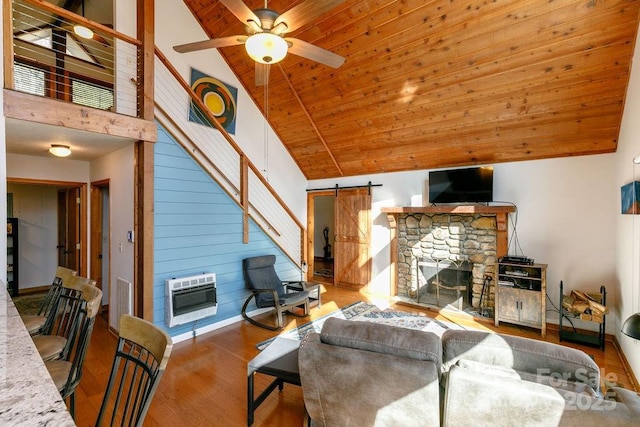 491 Mckenzie Way S, Old Fort, NC 28762 - living room with heating unit, wood finished floors, ceiling fan, wooden ceiling, and high vaulted ceiling