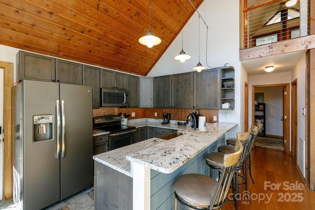 491 Mckenzie Way S, Old Fort, NC 28762 - kitchen featuring appliances with stainless steel finishes, high vaulted ceiling, a peninsula, light stone countertops, and open shelves
