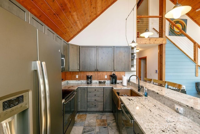 491 Mckenzie Way S, Old Fort, NC 28762 - kitchen featuring fridge with ice dispenser, electric range oven, wooden ceiling, open shelves, and dishwasher