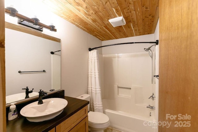 491 Mckenzie Way S, Old Fort, NC 28762 - bathroom featuring vanity, wooden ceiling, and shower / tub combo with curtain