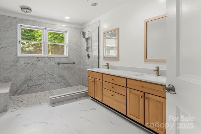 2218 Mallard Cove Dr, Nebo, NC 28761 - full bath featuring a marble finish shower, double vanity, marble tiled flooring, and recessed lighting