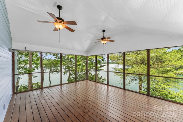 2218 Mallard Cove Dr, Nebo, NC 28761 - unfurnished sunroom with a water view, vaulted ceiling, view of wooded area, and hardwood / wood-style flooring