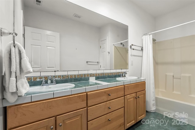 2218 Mallard Cove Dr, Nebo, NC 28761 - bathroom with double vanity, shower / bath combination with curtain, and tile patterned floors
