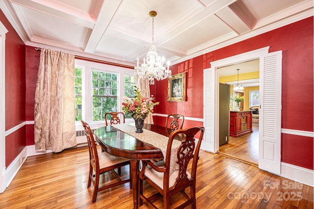 225 Rectory Hill Pl SW, Lenoir, NC 28645 - dining area with light wood-style flooring, coffered ceiling, a chandelier, beam ceiling, and baseboards
