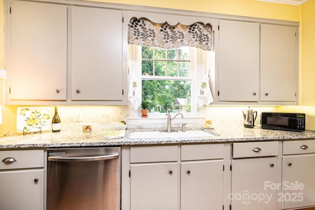 225 Rectory Hill Pl SW, Lenoir, NC 28645 - kitchen with stainless steel dishwasher, a sink, black microwave, and backsplash