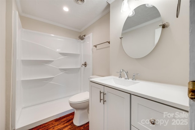 275 N Garrison Rd, Rock Hill, SC 29730 - full bathroom with ornamental molding, a shower, vanity, toilet, and wood finished floors