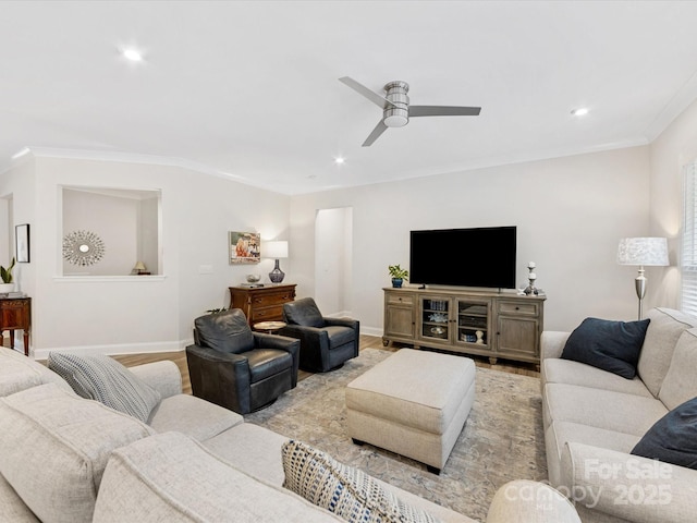 603 Southstone Dr, Matthews, NC 28104 - living room featuring a ceiling fan, crown molding, recessed lighting, baseboards, and light wood finished floors