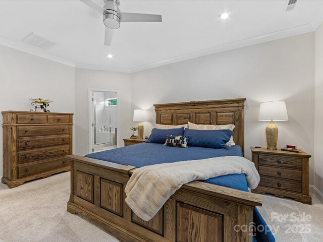 603 Southstone Dr, Matthews, NC 28104 - bedroom with light carpet, recessed lighting, ensuite bath, ceiling fan, and crown molding