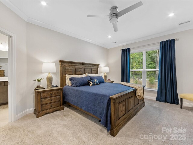 603 Southstone Dr, Matthews, NC 28104 - bedroom featuring light carpet, baseboards, connected bathroom, ornamental molding, and recessed lighting