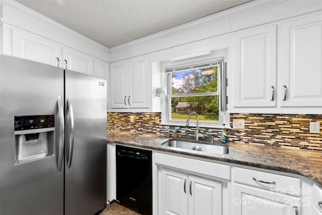 113 Helena St, Mount Holly, NC 28120 - kitchen featuring stainless steel refrigerator with ice dispenser, a sink, black dishwasher, white cabinetry, and backsplash