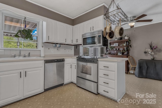 11 Chaz Ln, Candler, NC 28715 - kitchen featuring stainless steel appliances, a sink, tasteful backsplash, a ceiling fan, and crown molding
