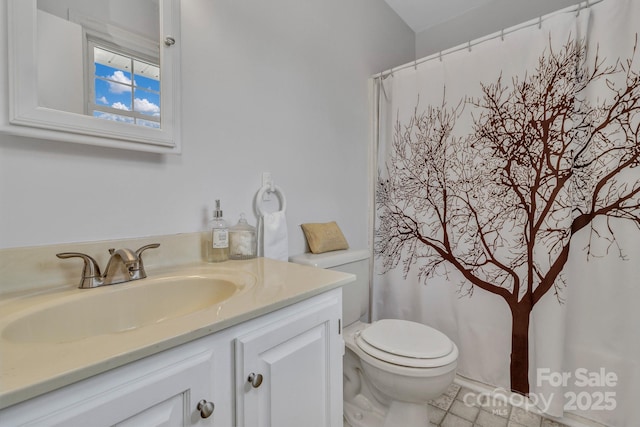 11 Chaz Ln, Candler, NC 28715 - bathroom with vanity, toilet, tile patterned flooring, and a shower with curtain