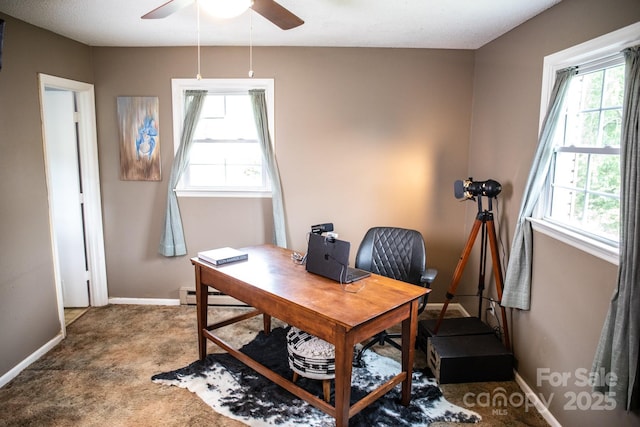 11 Chaz Ln, Candler, NC 28715 - office featuring a ceiling fan, a baseboard radiator, carpet, and baseboards