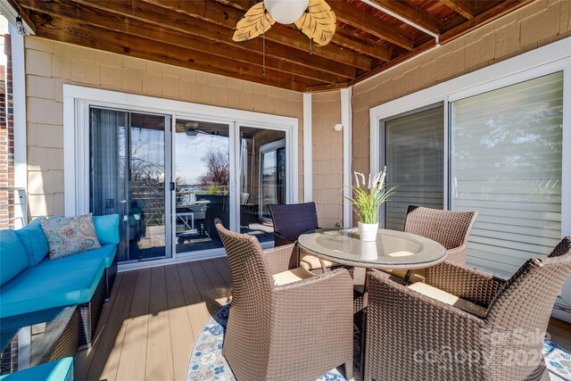 18631 Harborside Dr, Cornelius, NC 28031 - wooden deck featuring an outdoor hangout area, outdoor dining space, and ceiling fan