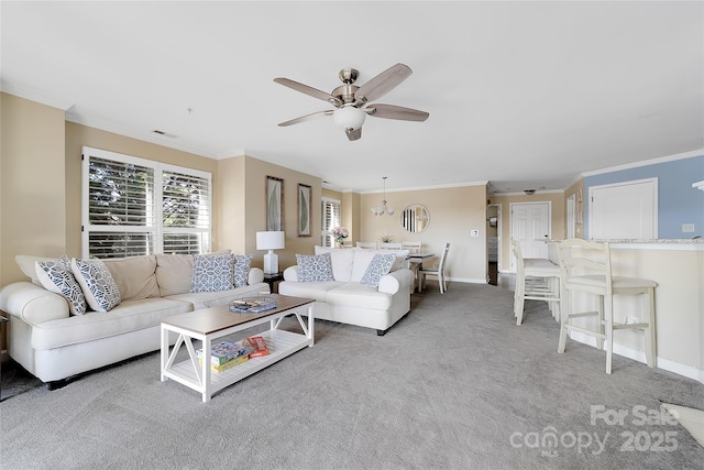 18631 Harborside Dr, Cornelius, NC 28031 - living room with a ceiling fan, crown molding, light carpet, and baseboards