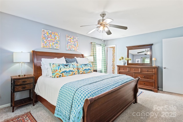 bedroom with light carpet, baseboards, and ceiling fan